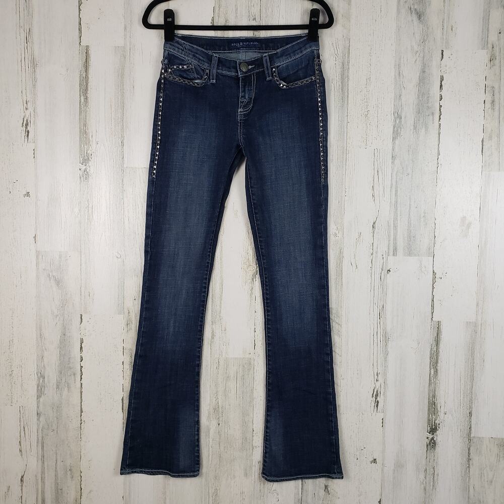 Rock & Republic "Kasandra" Dark Indigo Denim Embellished Bootcut Jeans Size 2 M